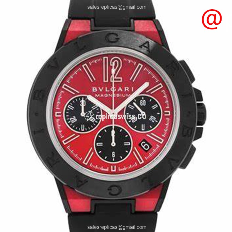 Bulgari Diagono Replica - Automatic - Red Dial - Steel Case - Black Rubber Strap