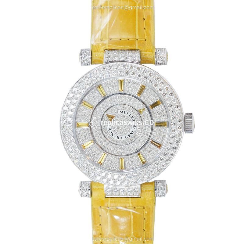 Franck Muller DM 39 D 2R CD Replica - Automatic - 18kt White Gold - Diamond - Silver Dial - Gold Alligator Strap