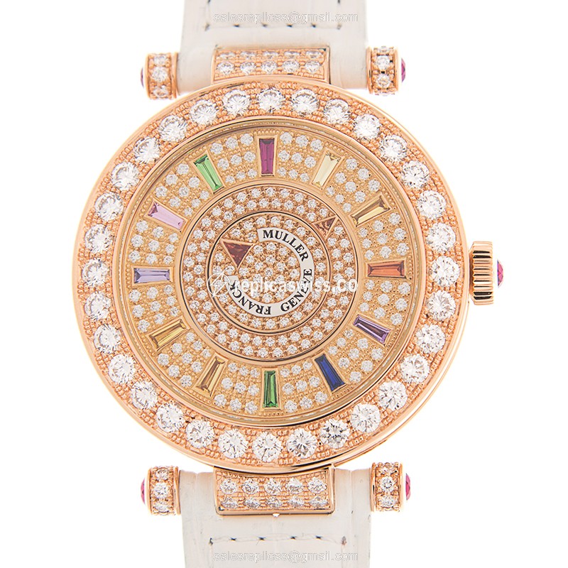 Franck Muller DM42 COL DRMD 1R CD - Auto 18kt Rose Gold & Diamond Dial - Silver Buckle Alligator White Strap - Luxury Replica DOUBLE MYSTERY Watch