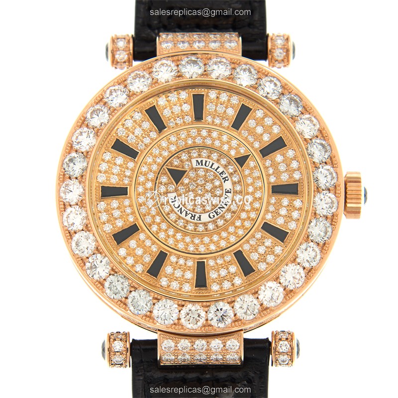 Franck Muller DM 42 D 1R CD 5N Replica - Automatic - 18kt Rose Gold Case - Diamond Dial - Black Alligator Strap - Luxury Replica DOUBLE MYSTERY Watch