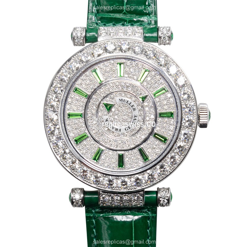 Franck Muller DM 42 D 1R CD Replica - Automatic - 18kt White Gold - Diamond - Silver Dial, Green Alligator Strap
