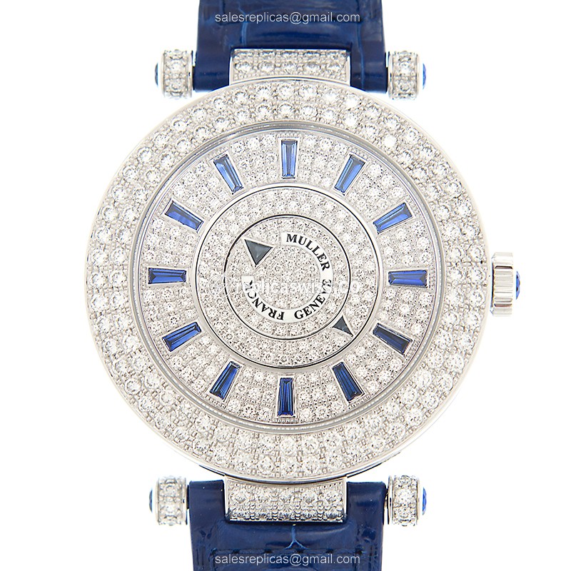 Franck Muller DM42 Replica - Automatic - 18kt White Gold - Blue Alligator - Diamond Silver Dial - Luxury Replica DOUBLE MYSTERY Watch