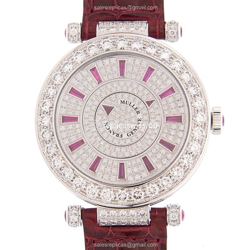 Franck Muller DM42D1RCD Ruby - Automatic - 18kt White Gold - Diamond - Silver Dial - Red Alligator Buckle - Luxury Replica DOUBLE MYSTERY Watch