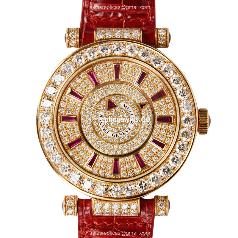Franck Muller DM 42 D 1R CD 42 5N Replica - Automatic - 18kt Rose Gold Case - Gold Dial - Red Alligator Strap