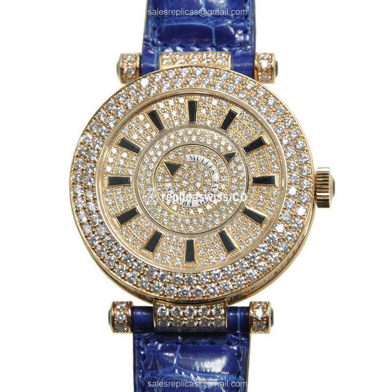 Franck Muller DM42D2RCD5N Replica - Automatic - Rose Gold Case - Diamonds - Silver Dial - Blue Alligator Strap - Luxury Replica DOUBLE MYSTERY Watch