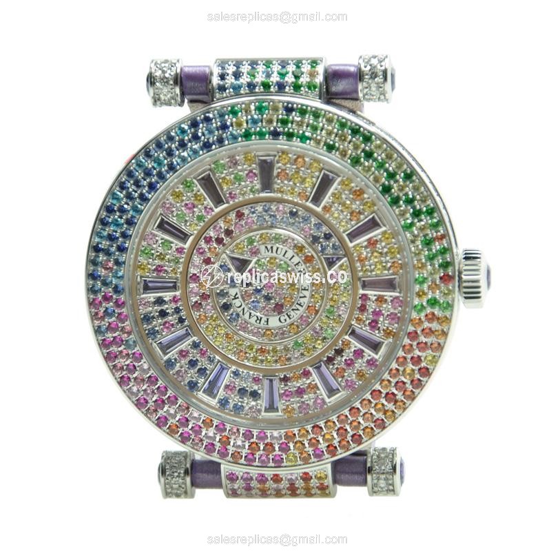 Franck Muller DM 42 QTR SAI D 3R CD Replica - Automatic - 18kt White Gold - Diamond Case - Purple Alligator Strap