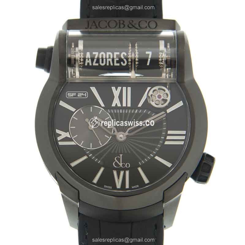 Jacob & Co ES100.21.NS.LH.ACA4D - Automatic Titanium - Black Dial - Leather Strap - Buckle Clasp
