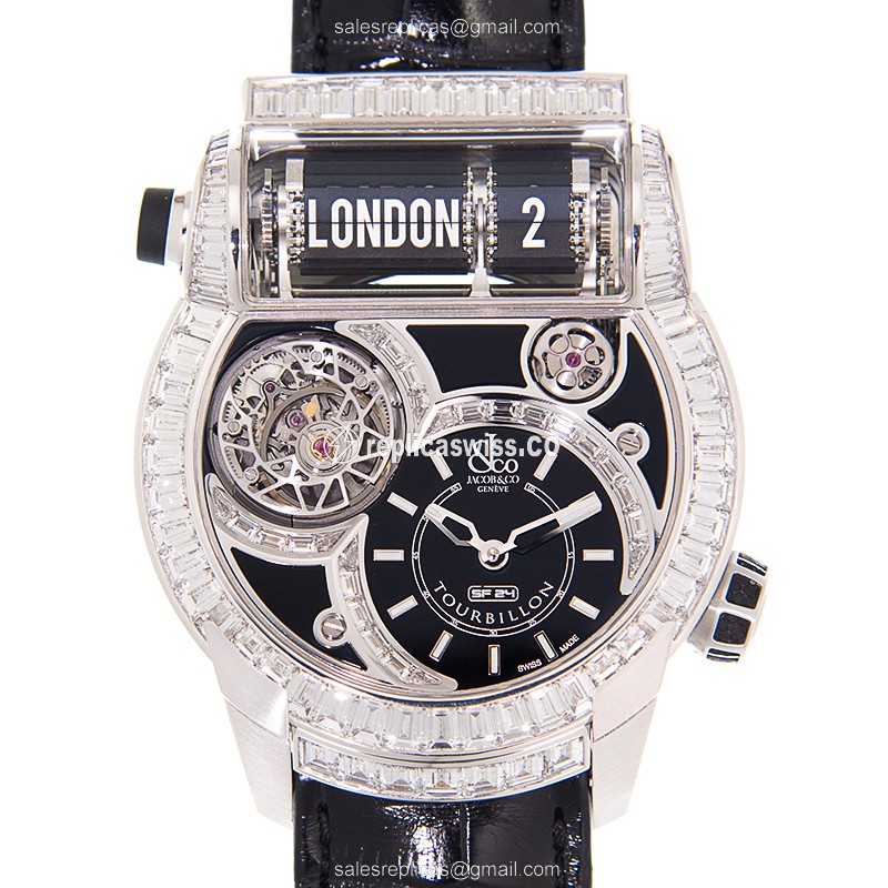 Jacob & Co ES802.30.BD.BD.A EPIC SF24 - Automatic - 18kt White Gold - Diamond Case - Black Dial - Alligator Black Strap - Luxury Replica EPIC SF24 Watch