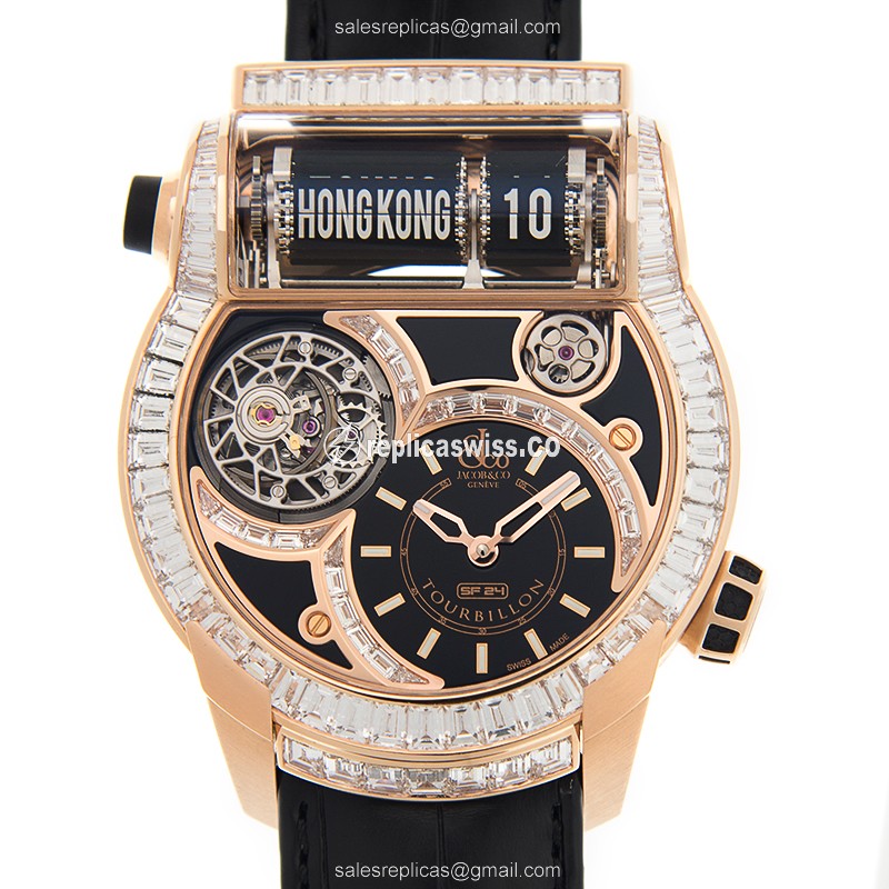 Jacob & Co ES802.40.BD.BD.A Replica - Automatic - 18kt Rose Gold - Diamond Dial - Black Leather Strap