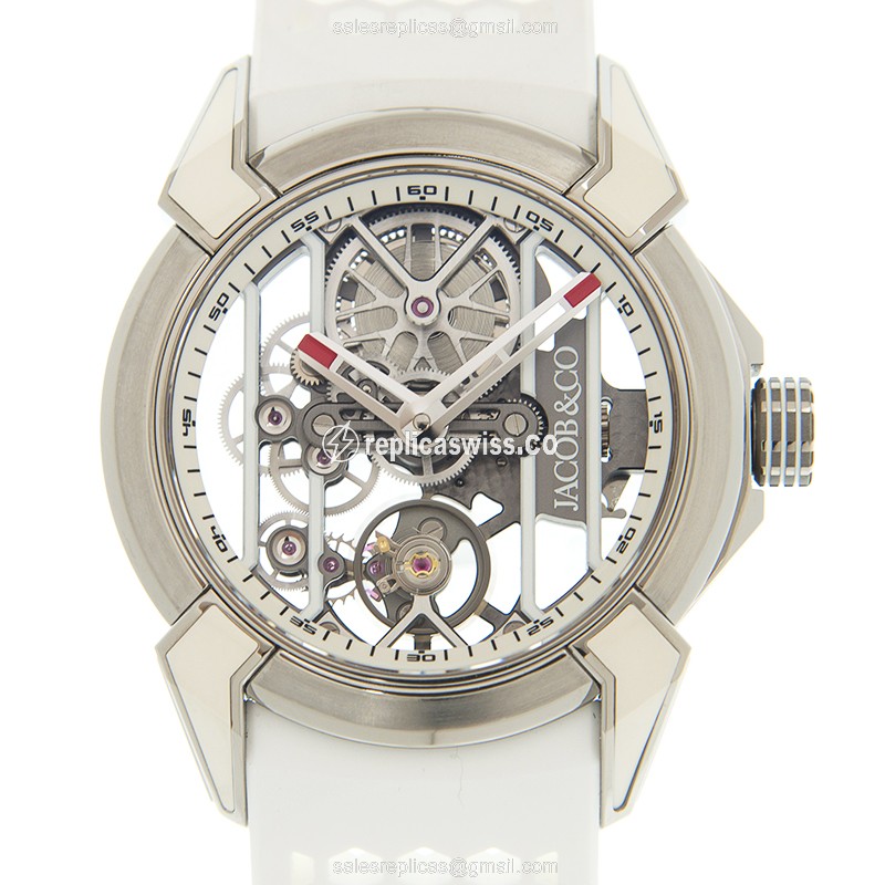 Jacob & Co. EX100.20.WR.WB.ALB4A - Manual Wind Titanium Case - Skull Dial - White Rubber Strap