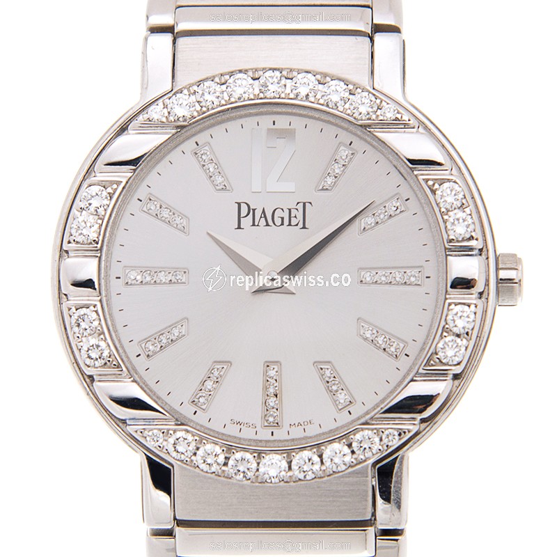 Piaget Polo Quartz 18kt White Gold - Diamond Silver Dial - Clasp Gold Strap