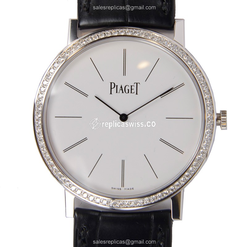 Piaget ALTIPLANO Replica - Manual Wind - 18kt White Gold - Diamond Dial - Alligator Black Strap - Buckle Clasp - Luxury Replica ALTIPLANO Watch