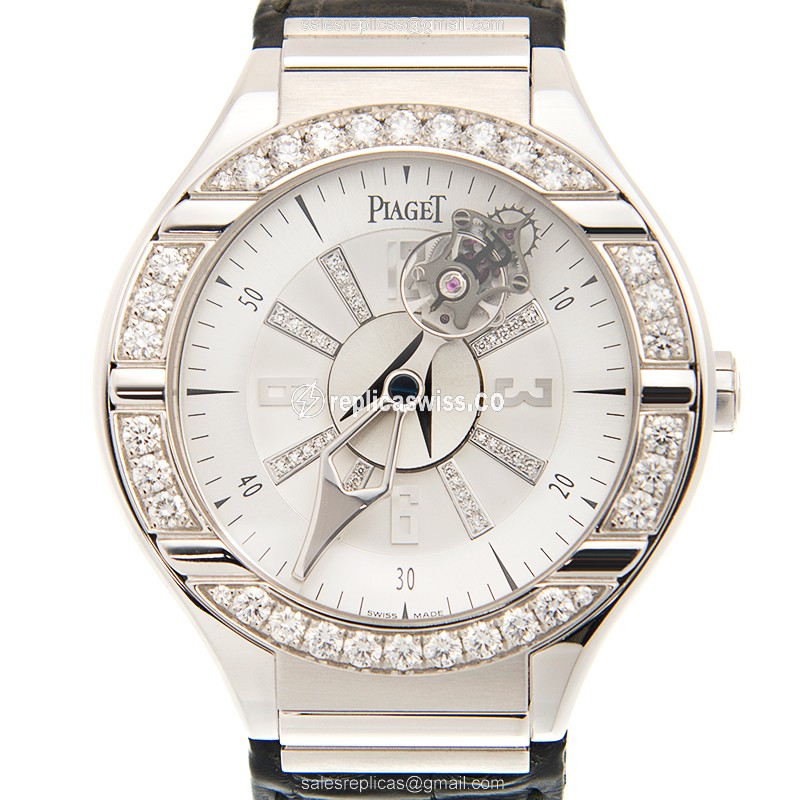 Piaget Polo Replica - Manual Wind - 18kt White Gold - Diamond Set - Silver Dial - Alligator Black Strap