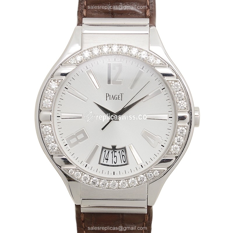 Piaget Polo Replica - Automatic - 18kt White Gold - Diamond - White Dial - Brown Alligator Strap
