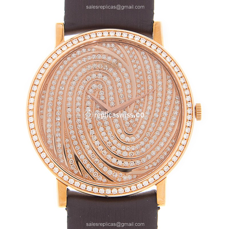 Piaget TRADITION Replica - Automatic - 18kt Rose Gold & Diamond - Gold Dial - Silk Brown Buckle