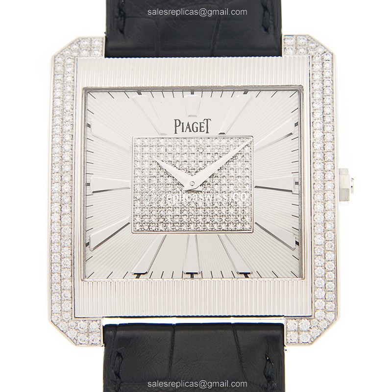 Piaget BLACK TIE - Manual Wind - 18kt White Gold - Diamond Accents - Silver Dial - Alligator Black Strap - Luxury Replica BLACK TIE Watch