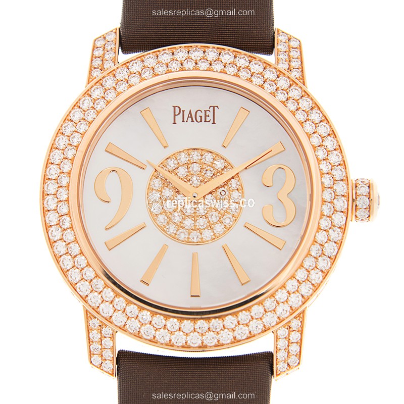 Piaget Limelight Replica - Automatic - 18kt Rose Gold - White Dial - Silk Brown Strap