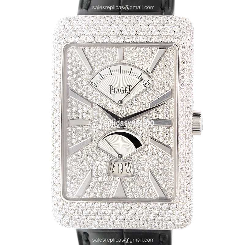 Piaget Black Tie Replica - Automatic - 18kt White Gold - Diamond - Silver Dial - Black Alligator Buckle