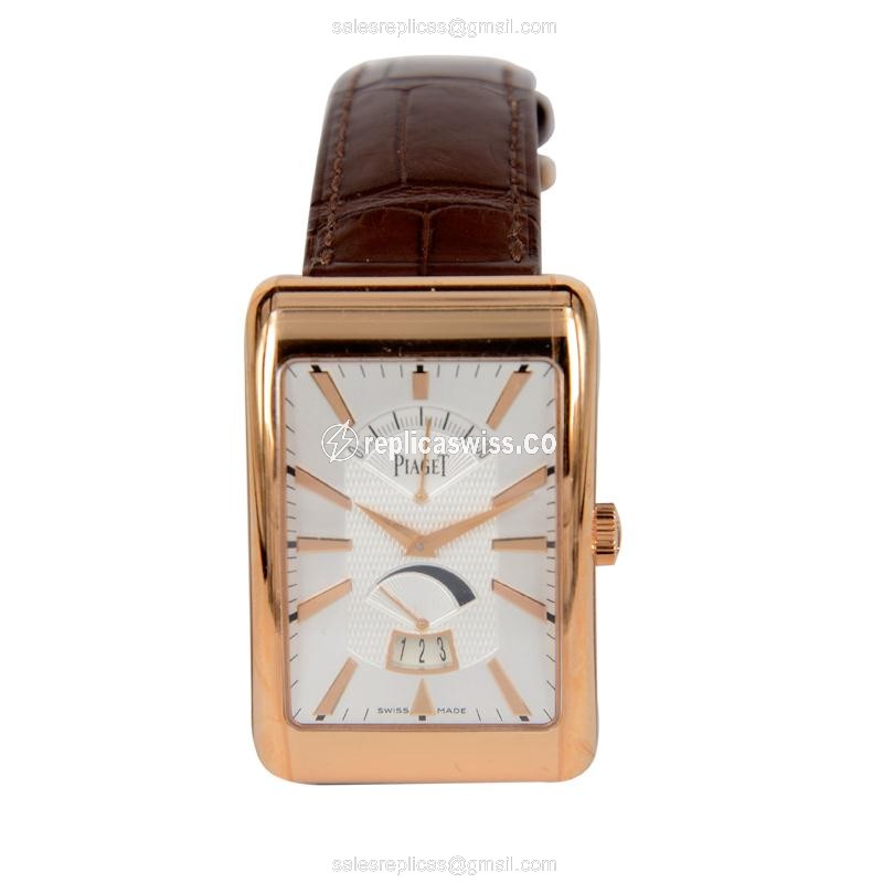 Piaget Black Tie Replica - Automatic 18kt Rose Gold - White Dial, Brown Alligator Strap