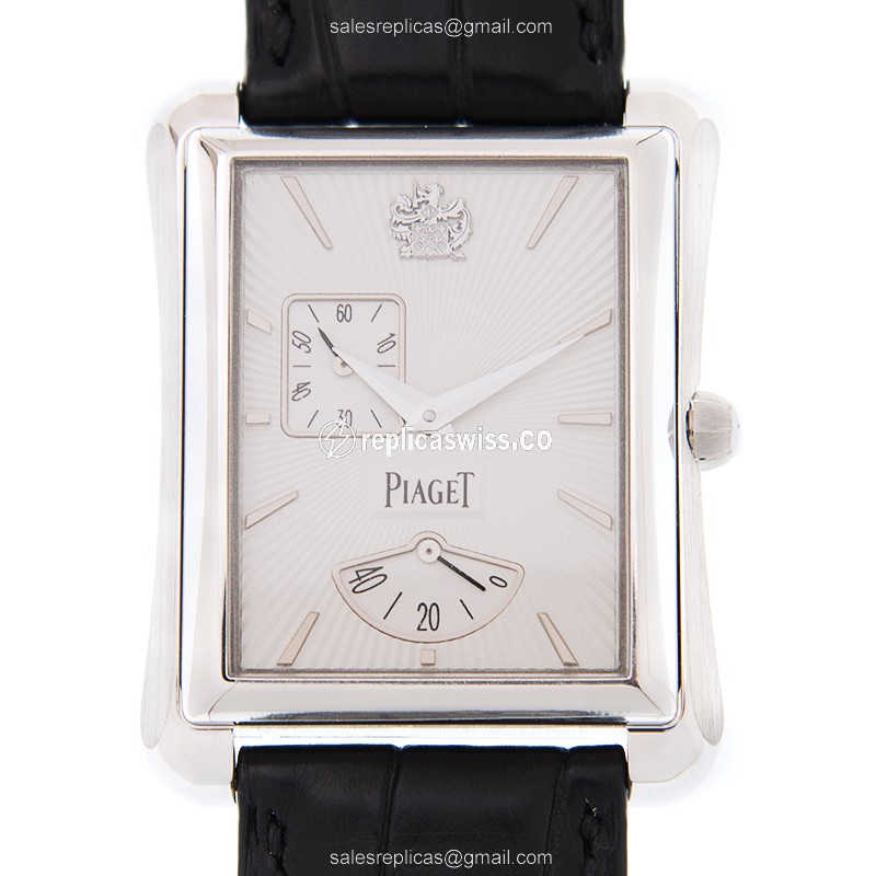 Piaget Replica - E. EMPERADOR Auto - 18kt White Gold - Silver Dial - Black Alligator Buckle
