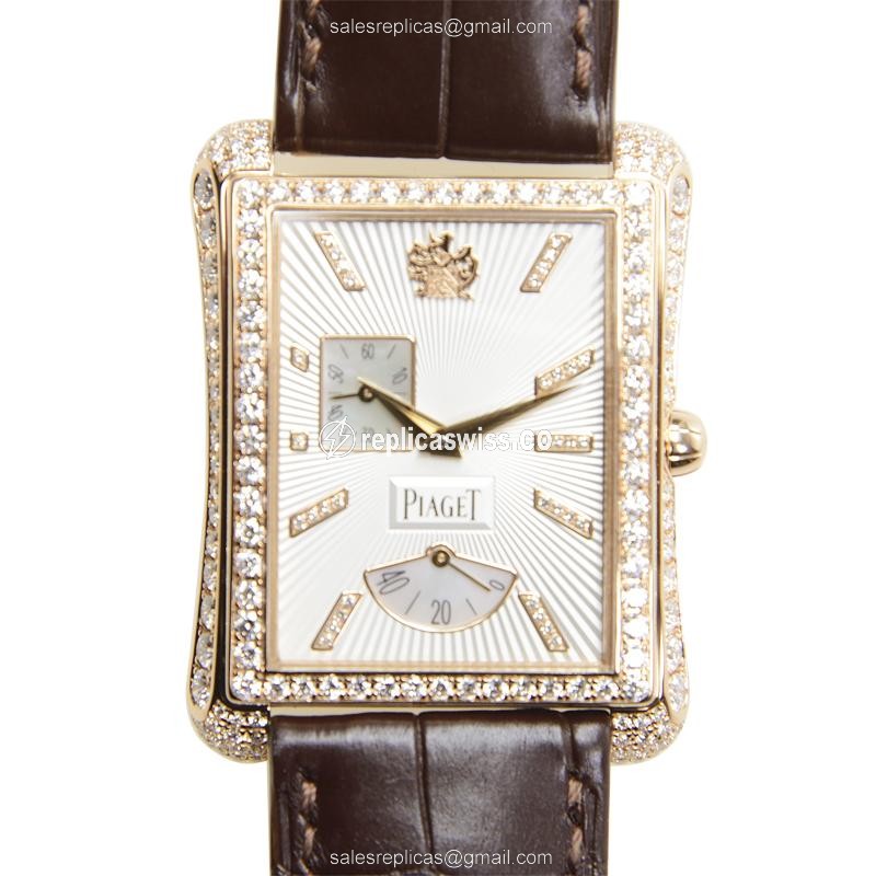 Piaget EMPERADOR Replica - Automatic - 18kt Rose Gold - Diamond Set - Silver Dial - Brown Alligator Strap - Luxury Replica EMPERADOR Watch