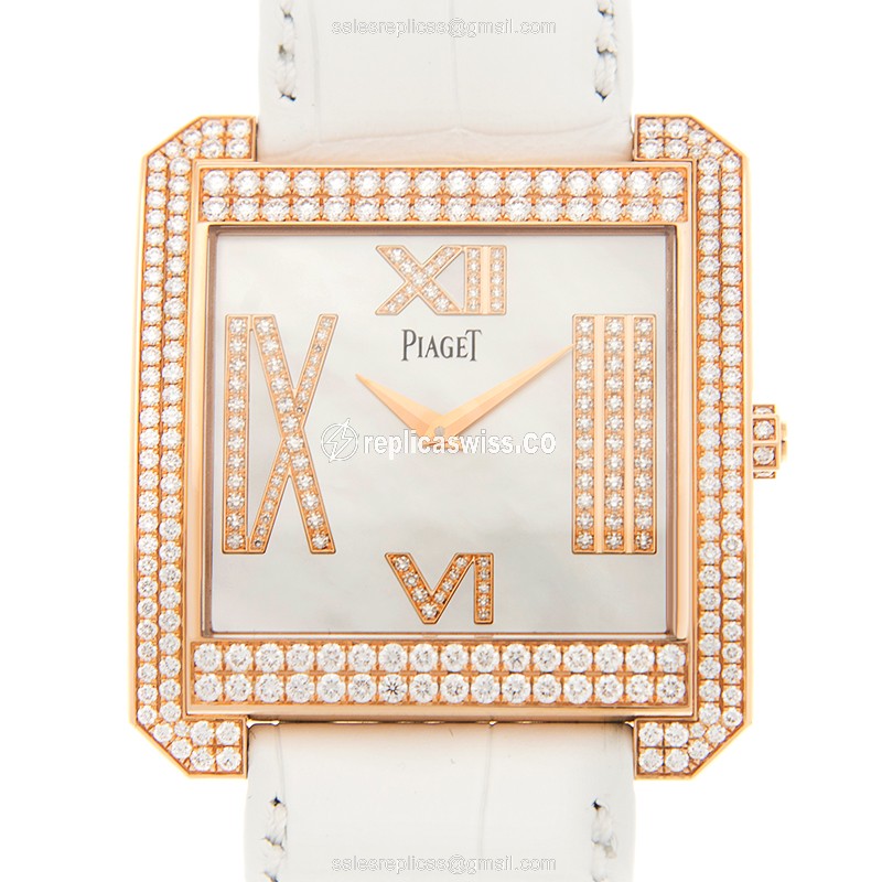 Piaget LIMELIGHT Replica - 18kt Rose Gold - Diamonds - Manual Wind - White Dial - Alligator Strap