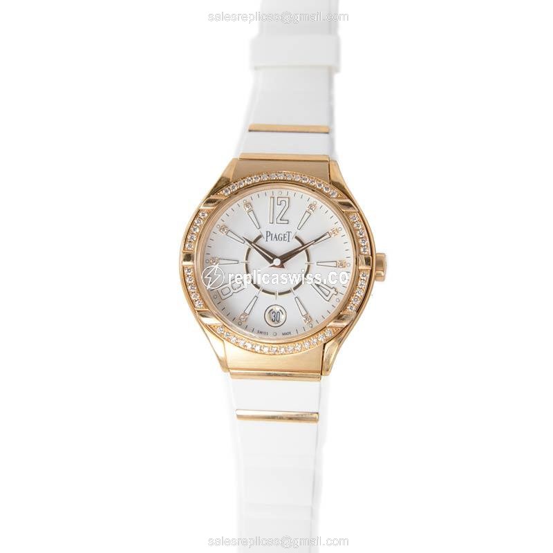 Piaget Polo Quartz 18kt Rose Gold - Diamonds - White Dial - Rubber Strap