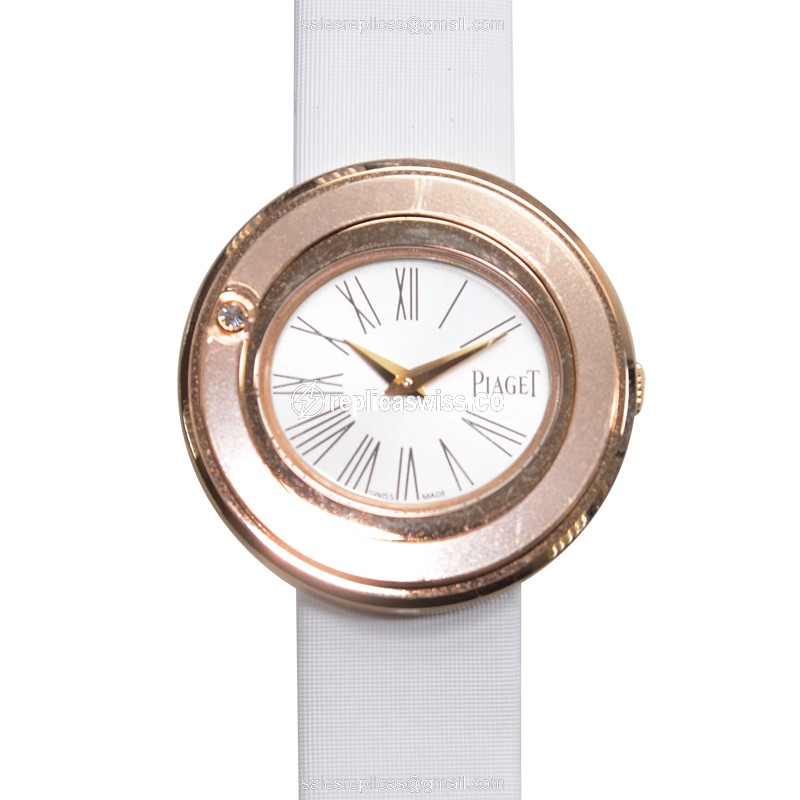 Piaget POSSESSION Quartz 18kt Rose Gold - Buckle Clasp - Silver Dial - Silk White Strap