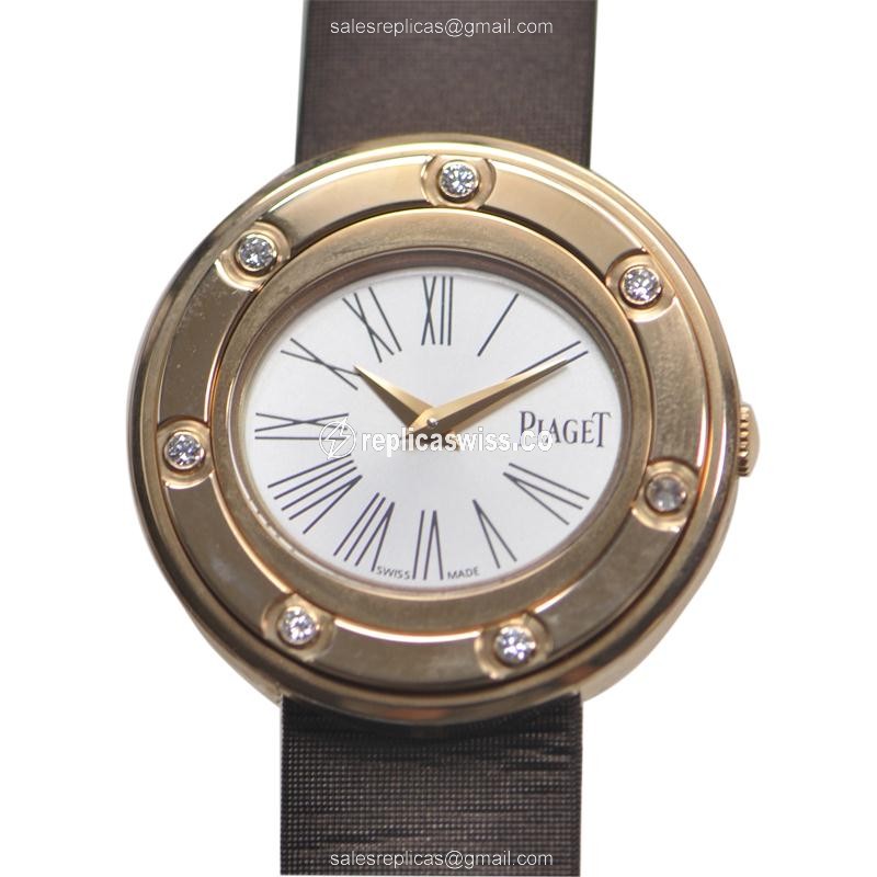 Piaget POSSESSION Replica - Quartz - 18kt Rose Gold - White Dial - Brown Silk Strap
