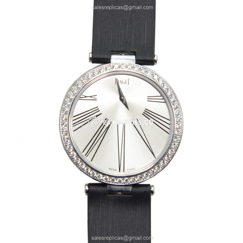 Piaget Limelight Replica - Automatic - 18kt White Gold - Diamond - Silver Dial - Silk Black Strap