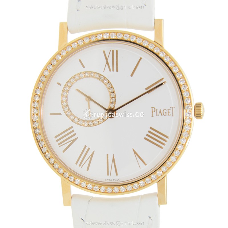 Piaget ALTIPLANO Replica - Manual Wind - 18kt Rose Gold - Diamonds - White Dial - Alligator White Strap - Luxury Replica ALTIPLANO Watch