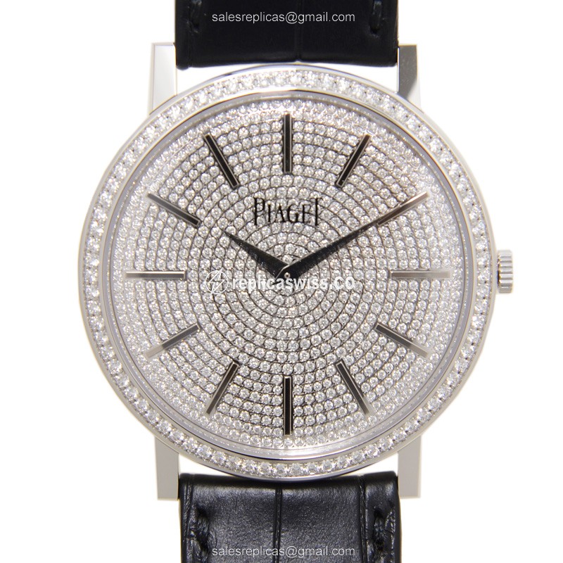 Piaget ALTIPLANO Replica - Manual Wind - 18kt White Gold - Diamond Set - Silver Dial - Black Alligator Strap - Luxury Replica ALTIPLANO Watch