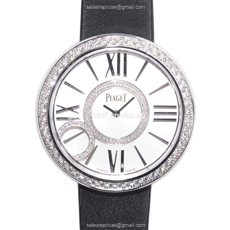 Piaget Limelight Replica - Quartz - 18kt White Gold - Diamond - Silver Dial - Silk Black Strap