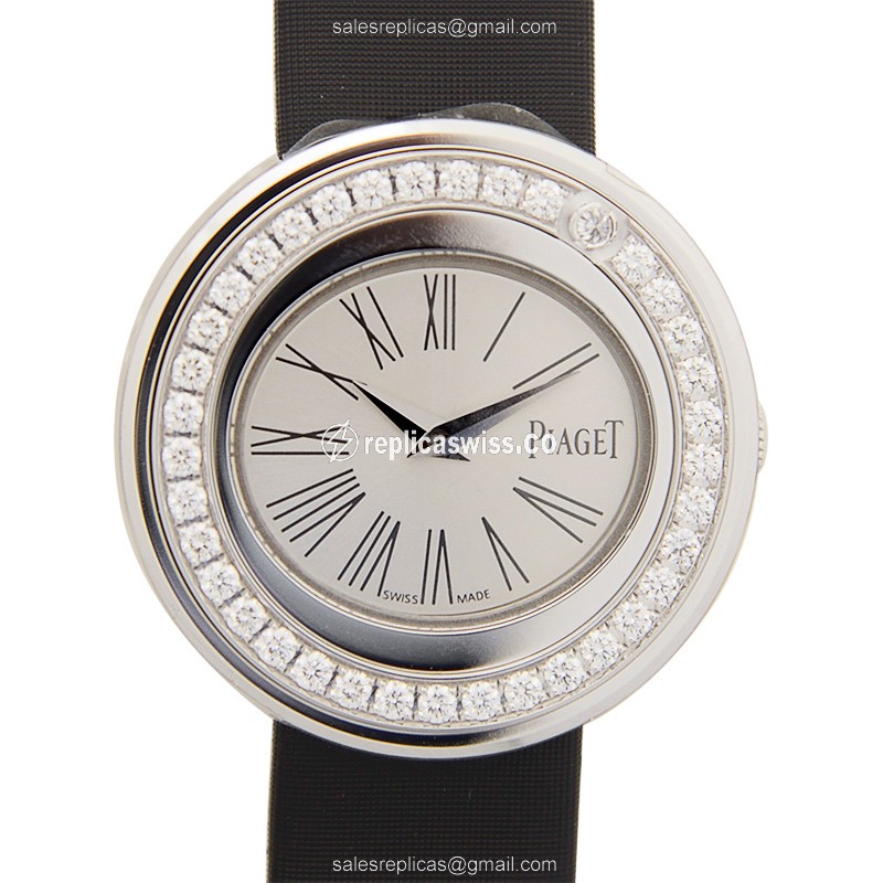 Piaget POSSESSION Replica - Quartz - 18kt White Gold - Diamond - Silver Dial - Silk Black Buckle