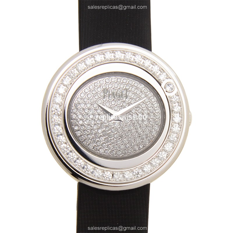 Piaget POSSESSION Replica - Quartz - 18kt White Gold - Diamond - Silver Dial - Black Satin Strap - Buckle Clasp