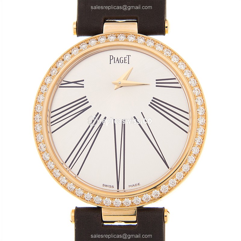 Piaget Limelight Replica - Quartz - 18kt Rose Gold - Silver Dial - Brown Silk Strap