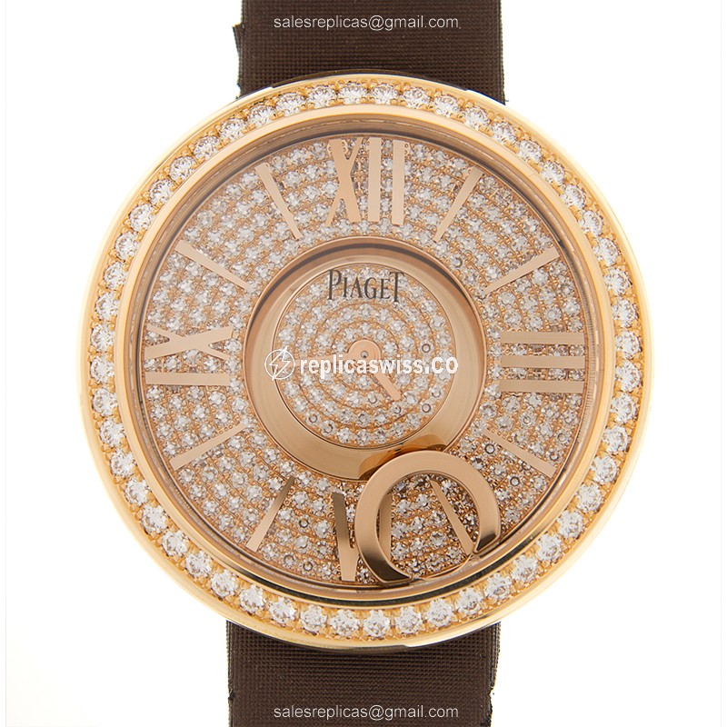 Piaget Limelight Replica - Quartz - 18kt Rose Gold - Diamond Dial - Brown Fabric Strap