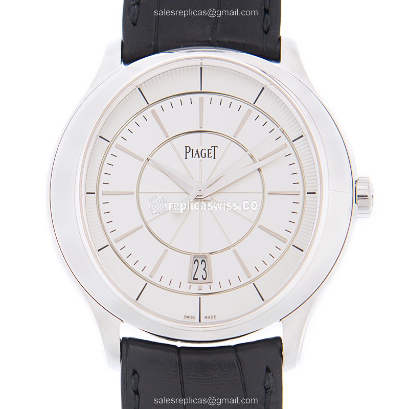 Piaget BLACK TIE Replica - Automatic - 18kt Gold - Silver Dial - Leather Black Strap
