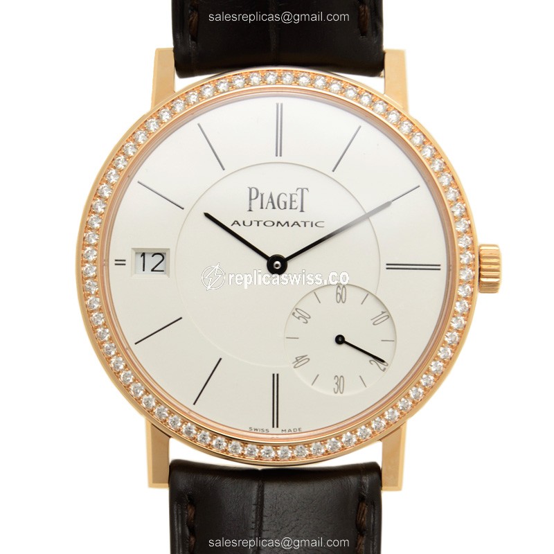 Piaget ALTIPLANO Replica - Automatic - 18kt Rose Gold Case - Diamonds - Silver Dial - Brown Alligator Strap - Luxury Replica ALTIPLANO Watch