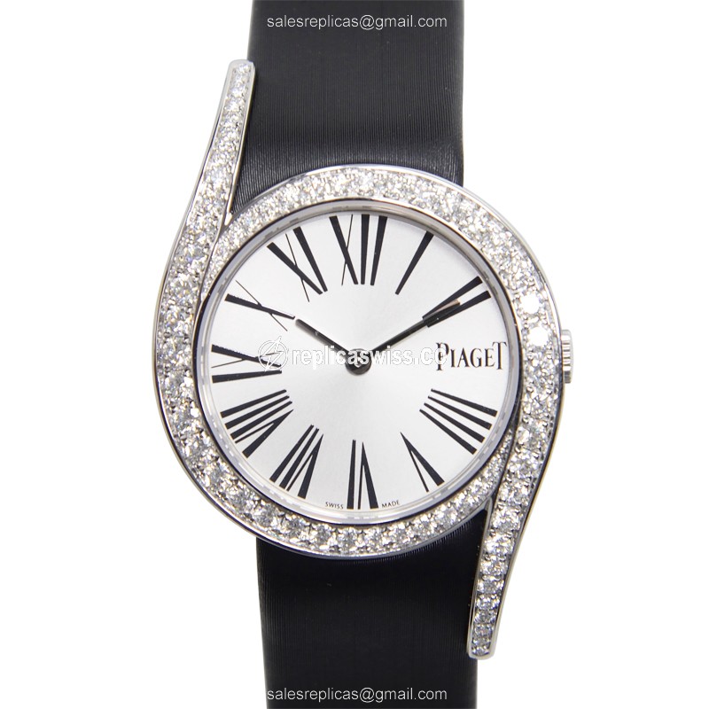 Piaget LIMELIGHT Replica - Quartz - 18kt White Gold - Diamond - Silver Dial - Silk Strap - Black Buckle