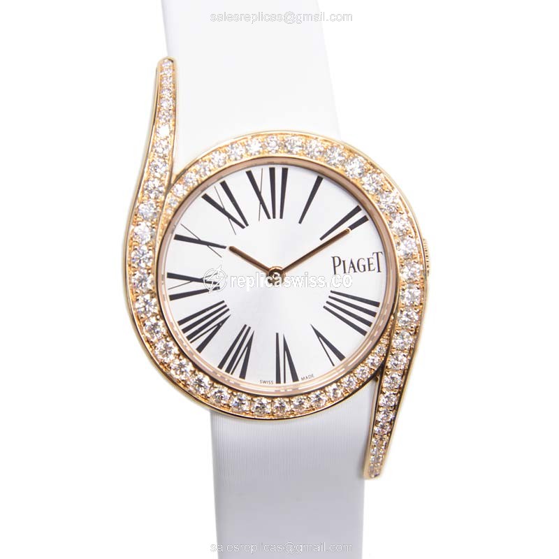 Piaget Limelight Replica - Quartz - Rose Gold Case - Diamonds - Silver Dial - White Satin Strap - Luxury Replica LIMELIGHT Watch