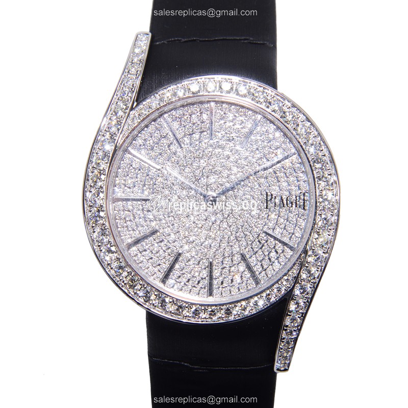 Piaget Limelight Replica - Quartz - 18kt White Gold - Diamond - Silver Dial - Black Satin Strap - Luxury Replica LIMELIGHT Watch