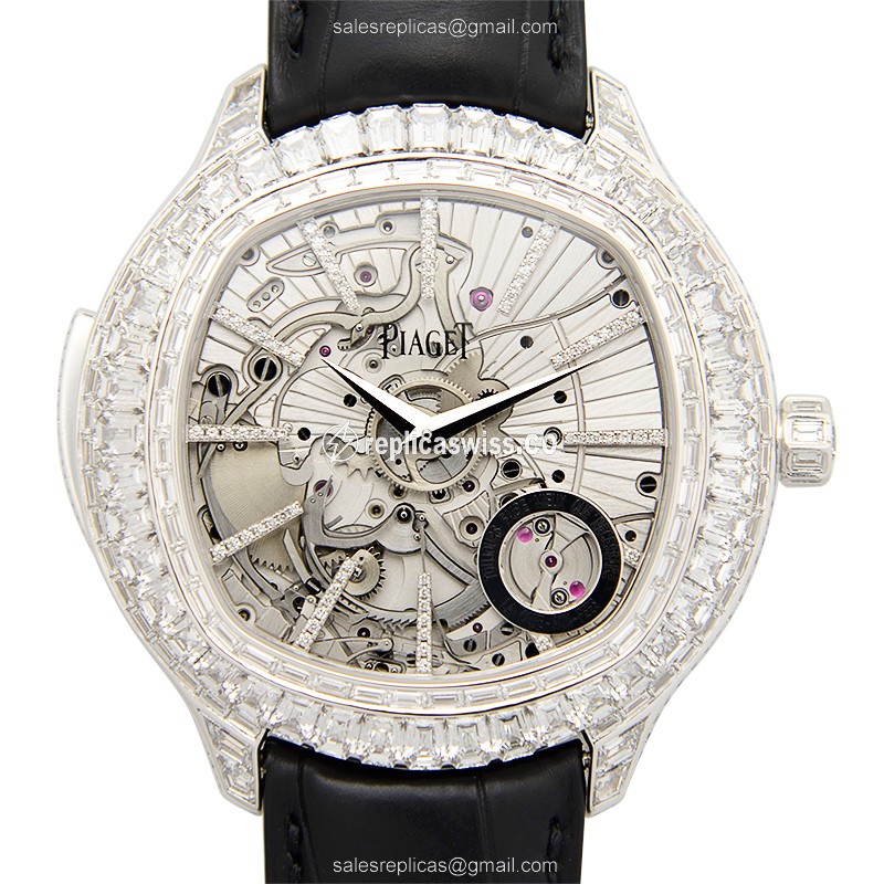 Piaget Emporer Replica - Automatic - 18kt White Gold - Skull Dial - Diamond Bezel - Black Alligator Strap