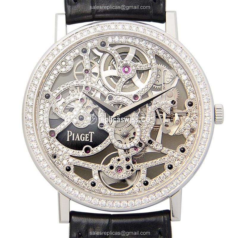 Piaget Altiplano Replica - Automatic - 18kt White Gold - Diamond Skull Dial - Black Alligator Strap - Luxury Replica ALTIPLANO Watch
