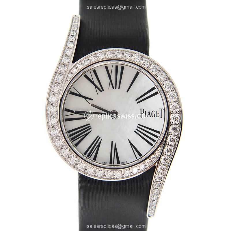 Piaget LIMELIGHT Replica - Manual Wind - 18kt White Gold - Diamond - White Dial - Silk Black Strap