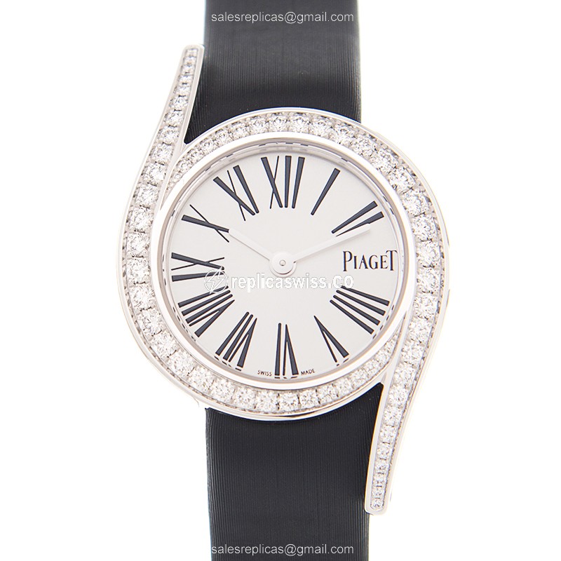 Piaget Limelight Quartz 18kt White Gold - Diamond Dial - Silver - Leather Strap - Buckle Clasp
