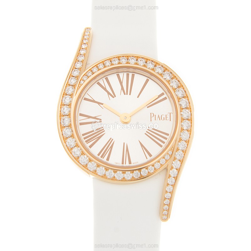 Piaget Limelight Replica - Quartz - 18kt Rose Gold - Diamond - White Dial - Satin White Strap - Buckle Clasp