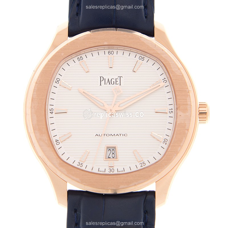 Piaget Polo Replica - Automatic - 18kt Rose Gold - White Dial - Blue Alligator Strap
