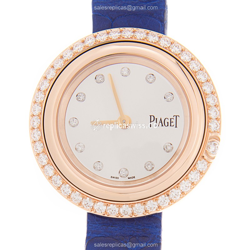 Piaget POSSESSION Replica - Quartz - 18kt Rose Gold - Diamond - White Dial - Blue Leather Strap