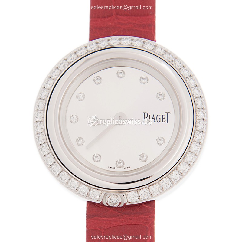 Piaget POSSESSION Replica - Quartz - 18kt White Gold - Diamond - Silver Dial - Red Alligator Strap